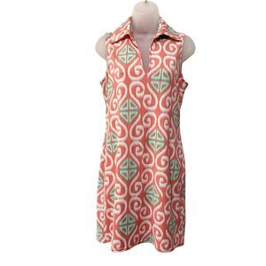 Tracy Negoshain V-Neck Sleeveless Shift Dress Peach & Green Motif Small